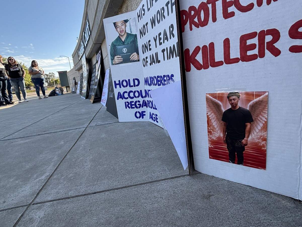 Demonstrators gather outside the Fresno County Juvenile Justice Center on Friday, Sept. 4, 2026, to push for a stiffer sentence for a 13-year-old who was sentenced to a year in the involuntary manslaughter case in which 19-year-old Edgar Hernandez was killed.